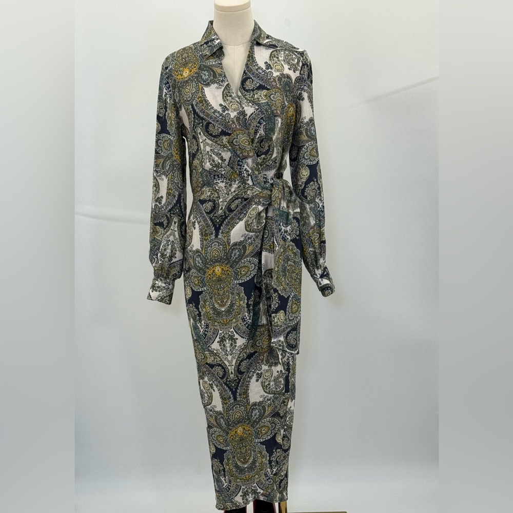 Magaschoni Sophisticated Paisley Belted Wrap Dress – Navy Gold Long Sleeve Midi - Picture 16 of 17